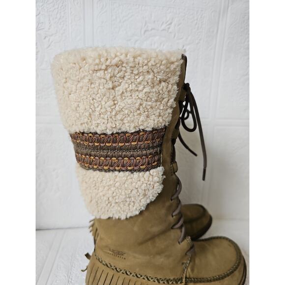 UGG Shoreline Shearling Sheepskin Leather Fringe Tall Boots Womens 7 Olive Green - Picture 10 of 15